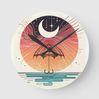 Boho Moon & Umbrella Rain-to-Stars Minimalistische Ronde Klok