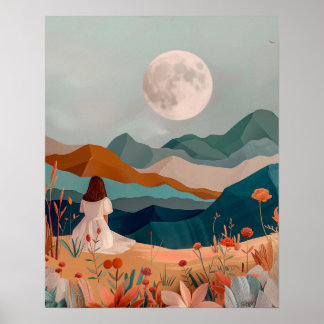 Boho Moonlit Desert Landscape Wall Art Print