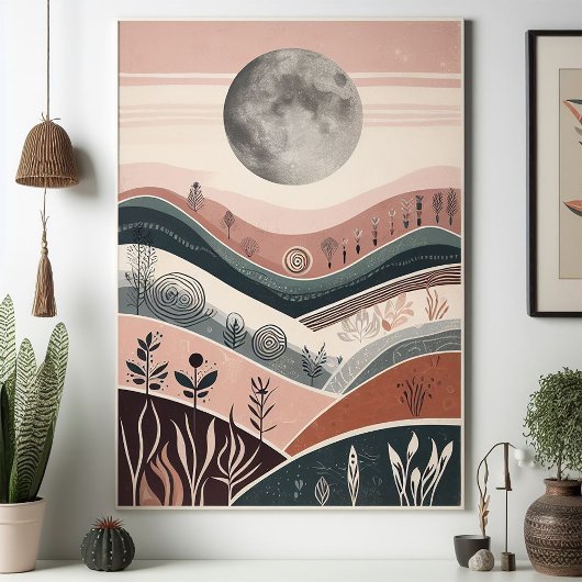 Boho Moonlit Landschap - Maan Abstract Poster