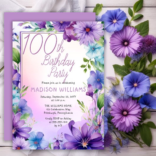 Boho Morning Glories Floral 100th Birthday Party Kaart