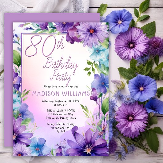 Boho Morning Glories Floral 80th Birthday Party Kaart