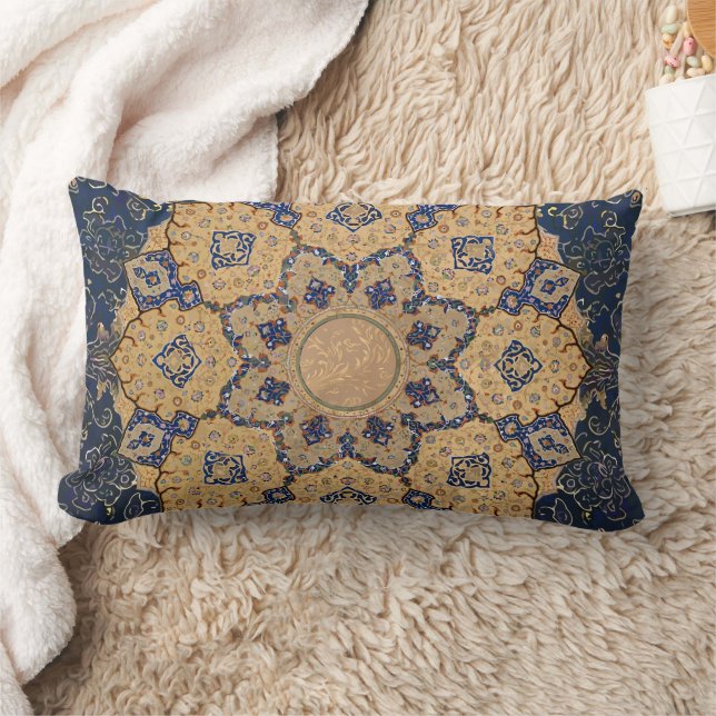 BOHO Moroccan Blue Gold Arabesque  Ephemera Kussen (Deken)