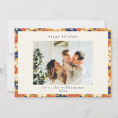 Boho Mosterd Blauw Bloemen Botanische Kerstmis Fot Feestdagenkaart (Voorkant)