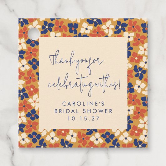 Boho Mosterd Blauw Bloemen Vrijgezellenfeest Dank Bedankjes Labels (Voorkant)