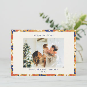 Boho Mosterd Blauwe Bloemige Botanische Kerst Foto Feestdagenkaart