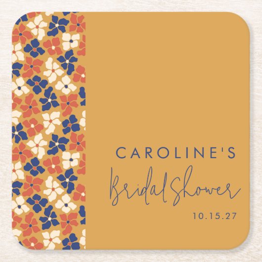 Boho Mosterd Blauwe Botanische Bruiloft Feest Cust Kartonnen Onderzetters (Voorkant)