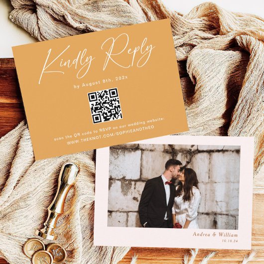 Boho Mosterd Geel QR Code Bruiloft RSVP Informatiekaartje