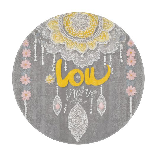 Boho Mosterdgeel Kant Mandala AI-kunst Snijplank (Voorkant)