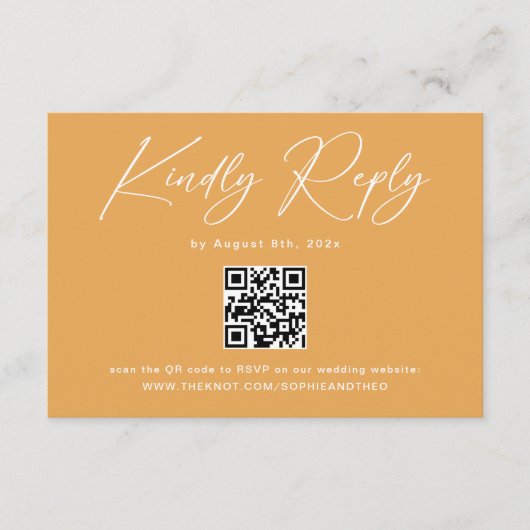 Boho Mosterdgeel QR Code Huwelijks RSVP Informatiekaartje (Voorkant)
