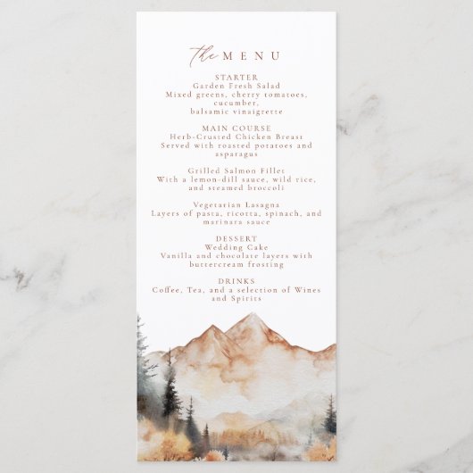 Boho Mountain Bruiloft Diner Menu (Voorkant)