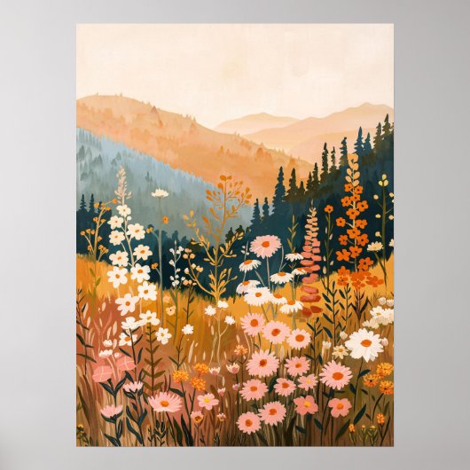 Boho Mountain Daisy Wildflower Landschap 18x24" Poster (Voorkant)