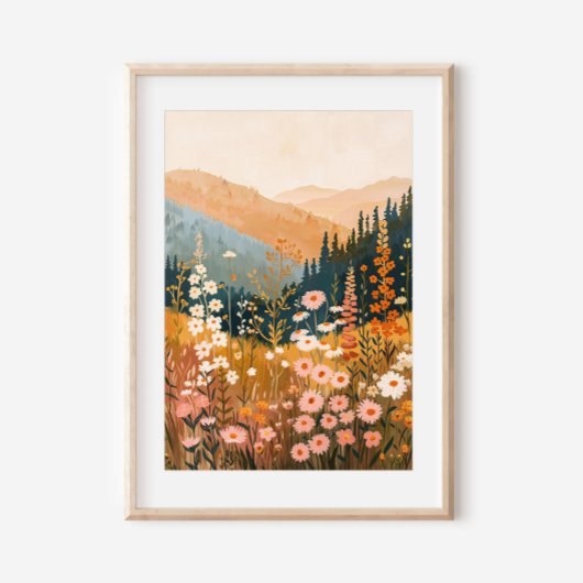 Boho Mountain Daisy Wildflower Landschap 18x24" Poster