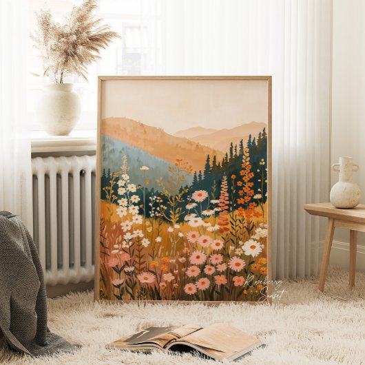 Boho Mountain Daisy Wildflower Landschap 18x24" Poster