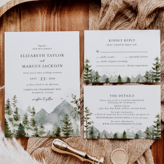 Boho Mountain Forest Evergreen Elegant Bruiloft Kaart