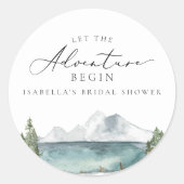 Boho Mountain Lake Avonturen Bruidsborrel Ronde Sticker (Voorkant)