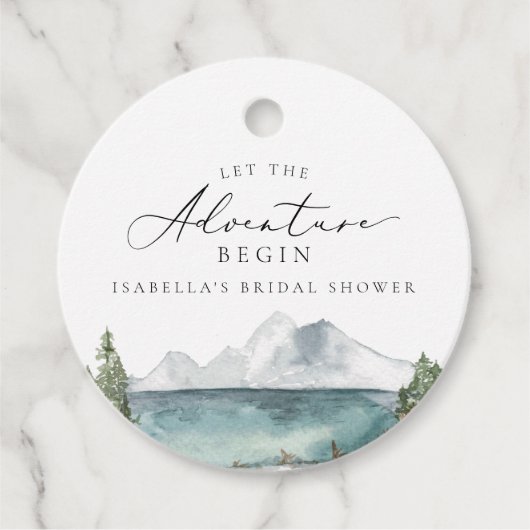 Boho Mountain Lake Avontuur Bruidsborrel Bedankjes Labels (Voorkant)