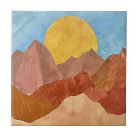 Boho Mountain Sunset - Warm Earth Tone Landschap Tegeltje (Voorkant)