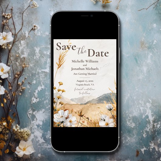 Boho Mountain Wildflower bruiloft Save The Date