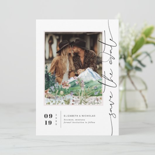 Boho Mountain Wildflower | De foto bewaart de Datu Save The Date (Staand voorkant)