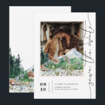 Boho Mountain Wildflower | De foto bewaart de Datu Save The Date<br><div class="desc">Deze minimale foto bewaart de datumkaart "sparen de datum"in een mooi vrij-gespierd manuscript dat in om het even welke kleur kan worden veranderd. Je foto is gemaakt van mooie waterverf bergen en bloemen. Deze professioneel ontworpen kaarten zijn snel aanpasbaar. Dit mellow-bergpalet met evergreen, en stoffig blauw voelt zeker zowel elegant...</div>
