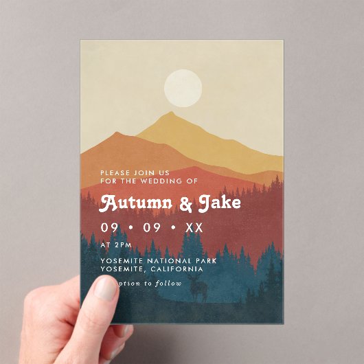 Boho Mountains and Forest 1970's Retro Wedding Acryl Uitnodigingen (Insitu (Draagbaar))