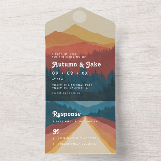 Boho Mountains en Forest Retro All In One Uitnodiging (Binnen)