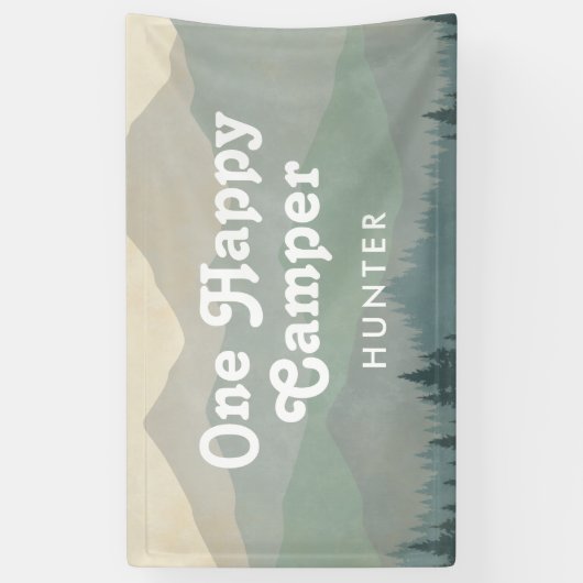 Boho Mountains One Happy Camper Boys 1e verjaardag Spandoek (Verticaal)