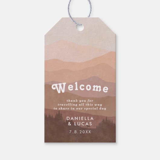 Boho Mountains Retro Pink Weddenschap Welkom Cadeaulabel (Voorkant)
