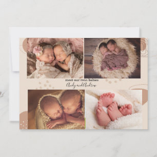 Boho Multi Photo Twin Baby Birth Announding Kaart