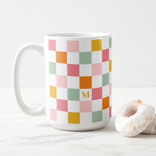 Boho multicolor schaakbordmonogram koffiemok (Met donut)