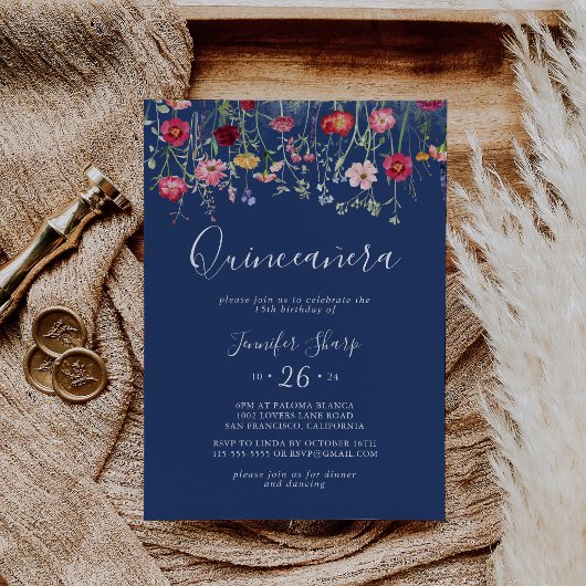 Boho Multicolor Wildflower Quinceañera Kaart