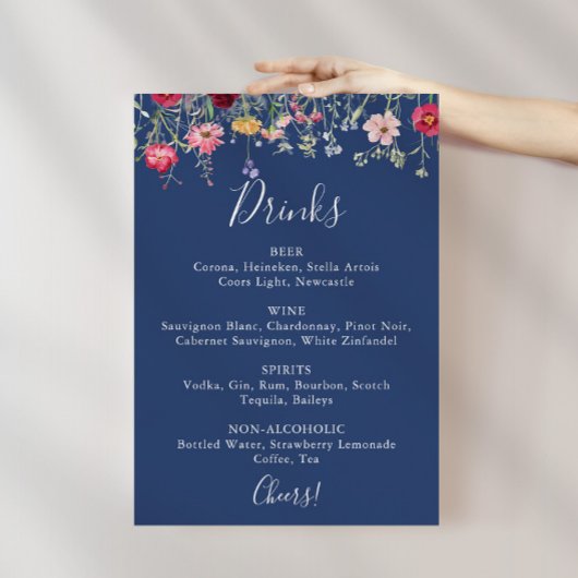 Boho Multicolor Wildflower Wedding Drinken Menu Poster