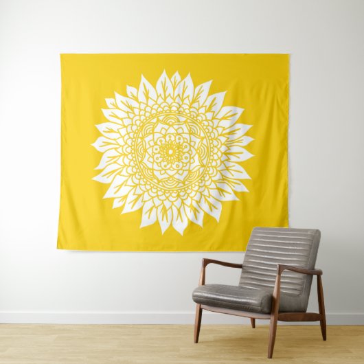 Boho Mustard Yellow Sunflower Mandala Wandkleed (In Situ (horizontaal))