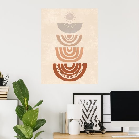 Boho Muted Neutral Abstracte Zon en Vormt Kunst Poster (Thuiskantoor)