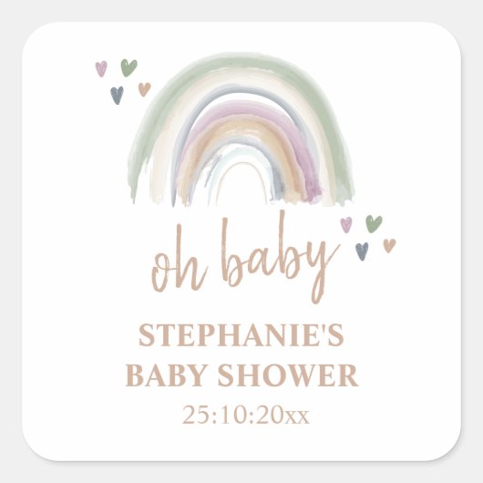 Boho Muted Rainbow Baby shower Dank u Vierkante Sticker (Voorkant)