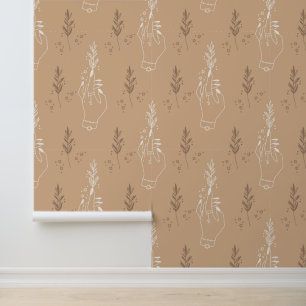 Boho Mystieke Hemelse Hand Bladeren Naadloos Patro Behang