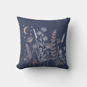 Boho Nachtelijke Bloem Illustratie – Maan, Sterren Kussen