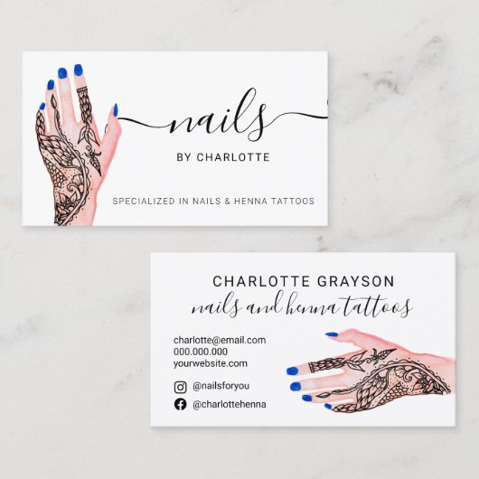 Boho nagelt blauwe henna tattoos afbeelding visitekaartje (Voorkant / Achterkant)