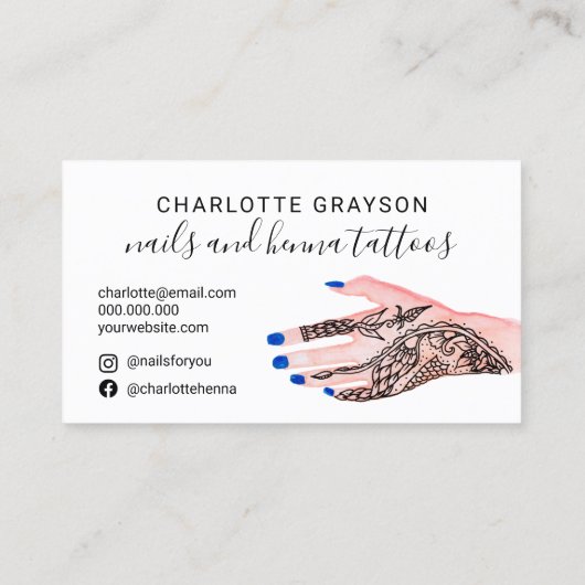 Boho nagelt blauwe henna tattoos afbeelding visitekaartje (Achterkant)