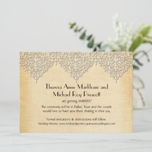 Boho namaak burlap en kant zigeuner moderne mod st save the date (Staand voorkant)