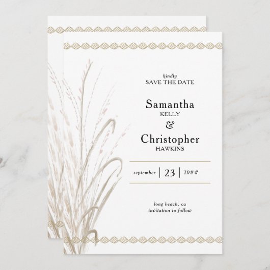 Boho Natural Pampas Grass Elegant Foto Save The Date (Voorkant / Achterkant)