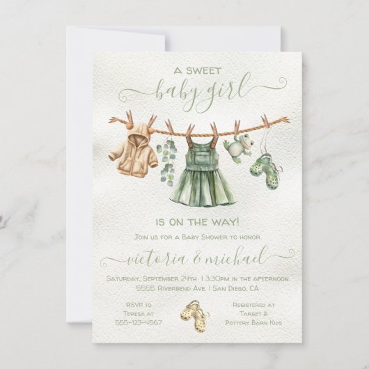 Boho Natuur Baby shower meisje waslijn Kaart (Voorkant)