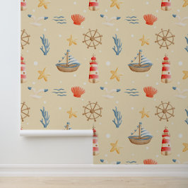 Boho Nautical Boat Lighthouse Pattern Nursery Behang