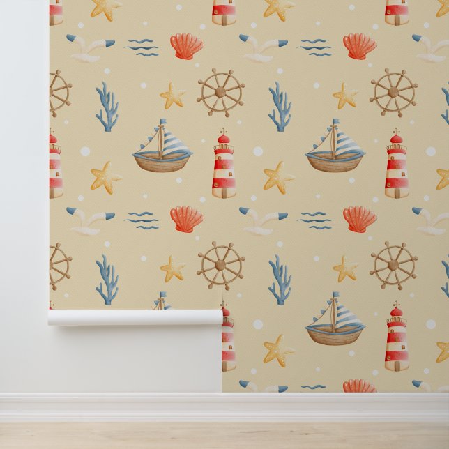 Boho Nautical Boat Lighthouse Pattern Nursery Behang (Applicatie)