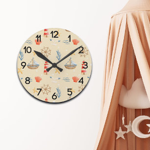 Boho Nautical Boat Lighthouse Pattern Nursery Ronde Klok