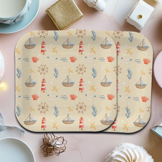 Boho Nautical Boat Vuurtoren Patroon Papieren Bordje