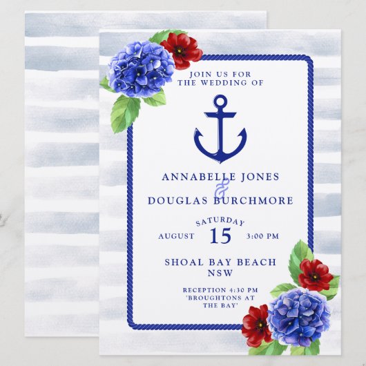 Boho Nautisch Wit Blauw Bloemen Waterverf Huwelijk Kaart (Voorkant / Achterkant)