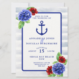 Boho Nautisch Wit Blauw Bloemen Waterverf Huwelijk Kaart