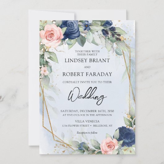 Boho navy and blush gold lijst and eucalyptus kaart (Voorkant)