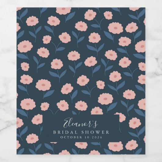 Boho Navy and Pink Floral Pattern Vrijgezellenfees Wijn Etiket (Enkel label)